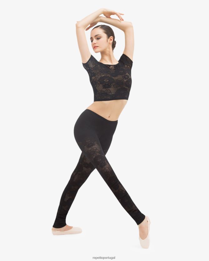Repetto LJHHL554 mulheres top curto em renda roseta roupas preto
